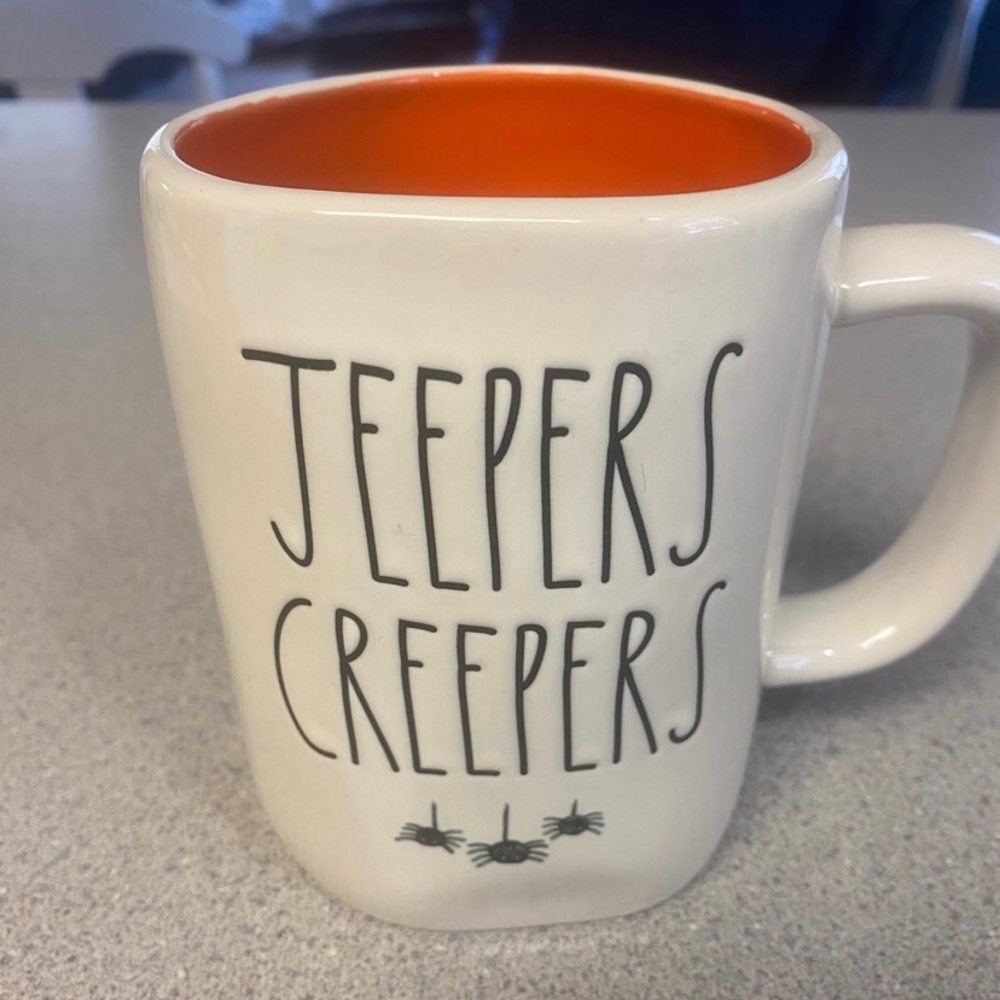 Rae Dunn JEEPERS CREEPERS with spiders orange inside hard to find coffee tea mug